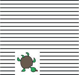 A sheet of lined paper or notebook paper with a cartoon turtle drawing at the bottom.