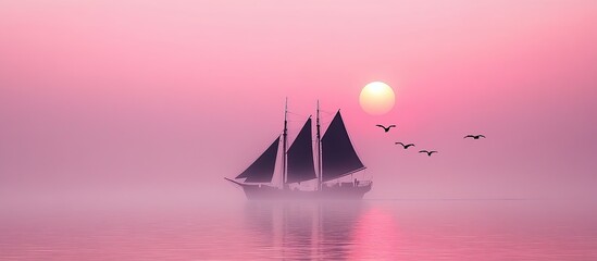 A tall ship sails on a misty pink sea, accompanied by birds, at sunset under a soft sun