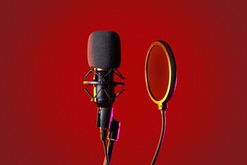 Stand with professional microphone on red background