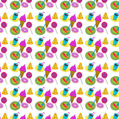 Seamless pattern of colorful illustrations of drinks and snacks on transparent background