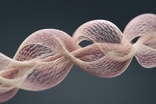 A detailed illustration of collagen structure with interlaced fibrils. Collagen strand, magnified fiber view, protein molecule structure, tissue formation illustration