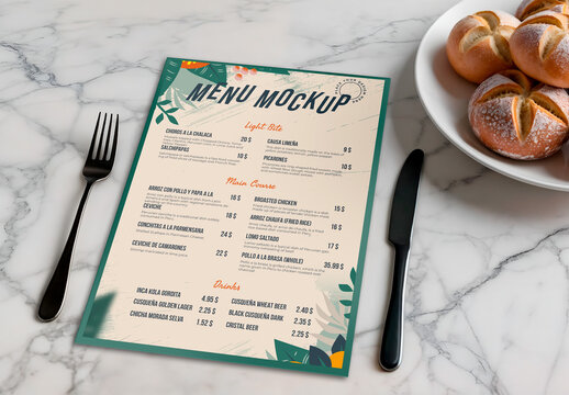 Restaurant Menu Mockup with Cutlery and Bread Rolls on Marble Table