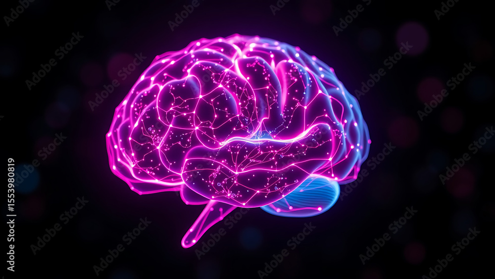Poster glowing digital brain with interconnected neural pathways in pink and blue on a dark background