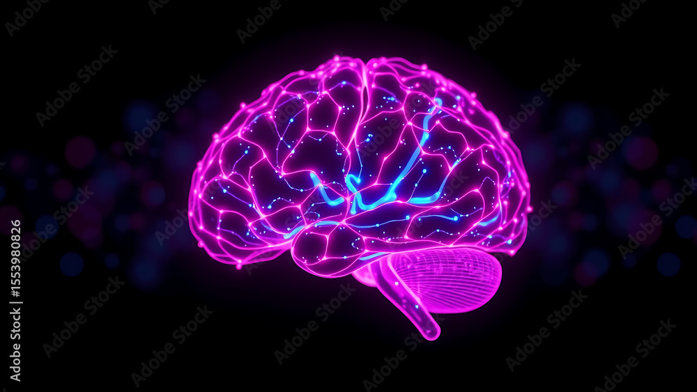 Poster glowing digital brain with interconnected neural pathways in pink and blue on a dark background