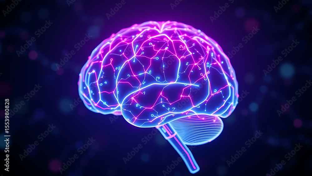 Poster glowing digital brain with interconnected neural pathways in pink and blue on a dark background