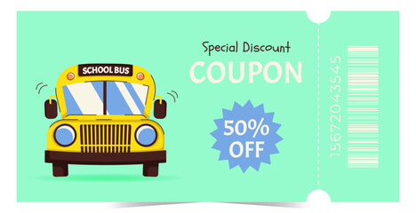Modern gift voucher template with school bus. Design for promotions, discounts, rewards and marketing materials. Flat vector illustration