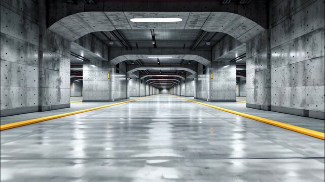 Industrial tunnel passageway or parking with yellow stripes reflecting in polished concrete floor illuminated by ceiling lights