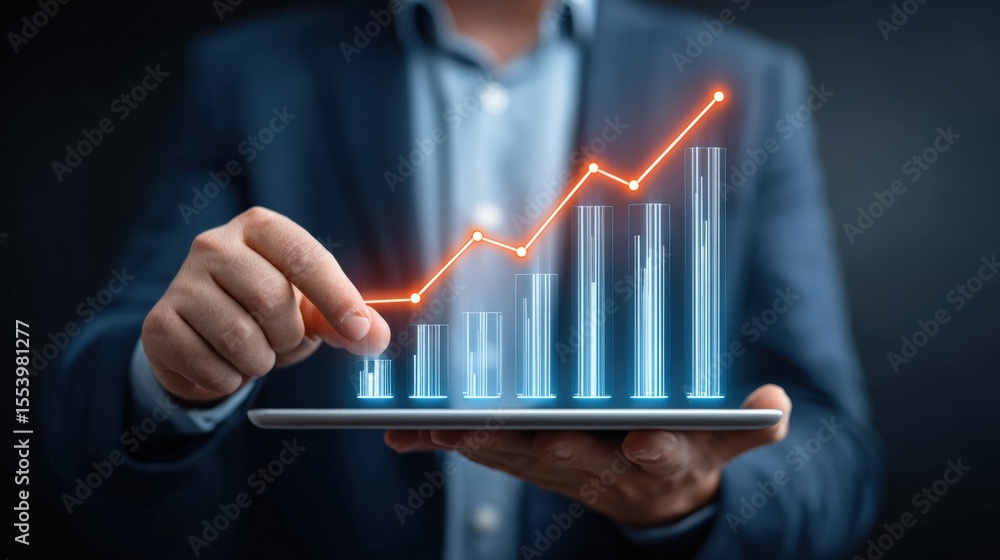 Poster businessman analyzing data on tablet with glowing graphs