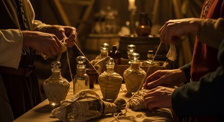 Medieval Apothecaries Carefully Prepare Herbal Remedies in a dimly lit workshop.