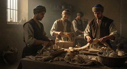 In a dimly lit apothecary, three skilled artisans meticulously wrap remedies, their focused expressions reflecting dedication to their craft.
