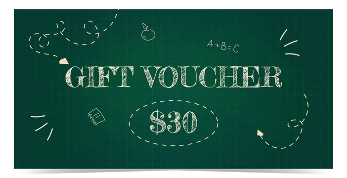Gift voucher template with handwritten school elements in doodle style as frame around. Green chalkboard and checkered paper on background. Vector illustration. Back to school theme