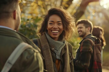 Group of friends walking in the autumn park. Smiling young woman.