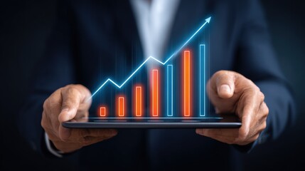 Businessman Holding Digital Tablet with Stock Graph Visualization