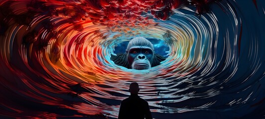 pop surreal unreal silhouettes spiral towards white gorilla, ai generatif