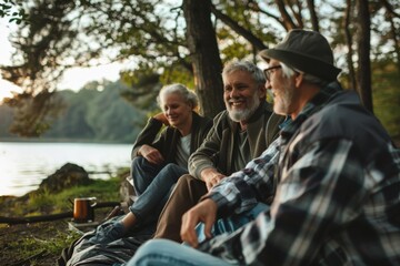 Group of senior friends sitting by the lake and talking. Group of seniors camping together.