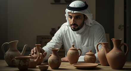 Emirati Man Appraises Exquisite Handcrafted Pottery in a Warmly Lit Studio