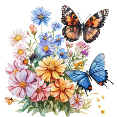 Butterfly Garden Full Bloom, watercolor drawing vector, isolated on a white background.