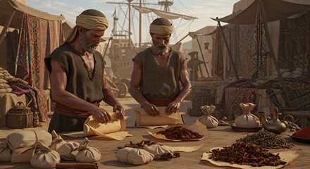 Ancient Spice Merchants Carefully Package Aromatic Treasures in a Bustling Marketplace