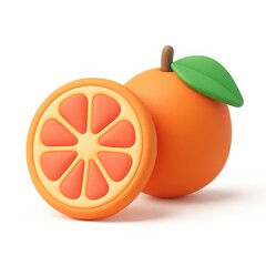 3D Render of Orange Fruit Slice and Whole Orange on White Background
