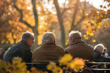 Group of elderly people sitting on a bench in the autumn park.