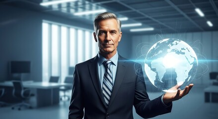 Businessman Holding Digital Globe in Modern Office Workspace