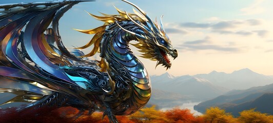 A haunted gothic dragon perched on a wind-swept hill, ai generatif