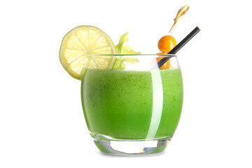 Glass of green bloody mary cocktail with celery, lemon and physalis berries on white background