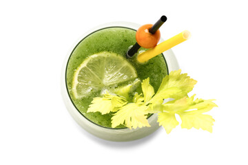 Glass of green bloody mary cocktail with celery, lemon physalis berry on white background