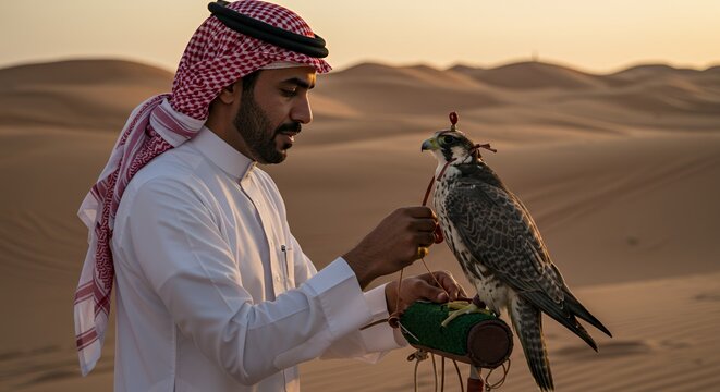 Arabian Falconer at Sunset, a Timeless Tradition in the Desert