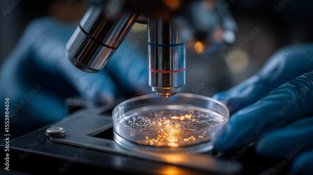 Poster microscope in lab: a close-up view of a microscope meticulously examining a sample in a science lab,