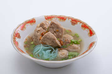 Bakso or Baso, Beef Meatballs with noodles isolated on white background
