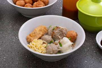 Bakso popular Indonesian foods, Beef Meatballs with noodles, dumpling and fried tofu