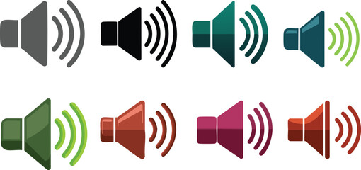 Vector Grid of Eight Stylized Speaker Icons in Vibrant Colors with Radiating Sound Waves and Glossy Flat Design Aesthetic for Audio, Music, and Technology Themes

