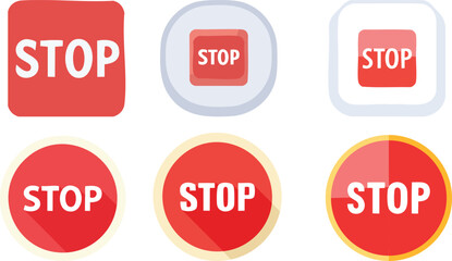 Vector Illustration of Six Modern STOP Icons in a Two-by-Three Grid Layout Featuring Square and Circular Designs in Bold Red, White, and Yellow Tones

