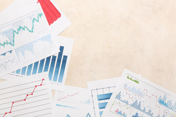 Many business documents with graphics and diagrams on white background