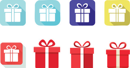 Create a digital illustration featuring eight stylized gift box icons arranged in a two-by-four grid. The top row showcases gift boxes in pastel shades: the first two are light blue