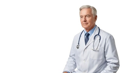 Fototapeta premium Senior Male Doctor Wearing White Coat Stethoscope Confident Professional Medical Practitioner
