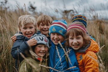 Group of happy kids having fun outdoors. Happy children playing in nature.