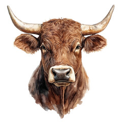 Bull Close Up, watercolor clipart vector, isolated on a white background.