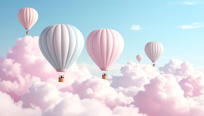 Obraz premium Pastel hot air balloons ascend amidst fluffy pink and white clouds under a pale blue sky; a dreamy, whimsical scene