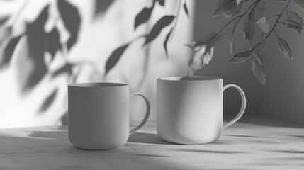 Two monochrome mugs on a light surface, shaded by leaves.