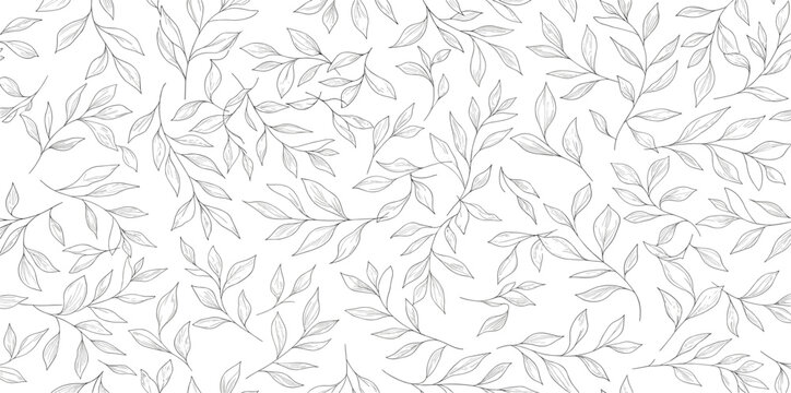 Seamless pattern with one line leaves. Vector floral background in trendy minimalistic linear style.