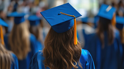 A graduate wearing a blue cap and gown is seen from behind, part of a crowd of fellow graduates in a brightly lit setting. This view symbolizes collective achievement and the beginning of a new chapte