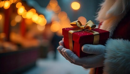 Festive season Santa Claus offering a gift box with a golden bow in a blurry, festive outdoor environment.