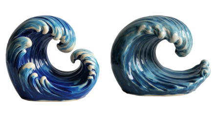 Artistic Ceramic Wave Sculptures Displaying Blue and White Hues on White Backdrop
