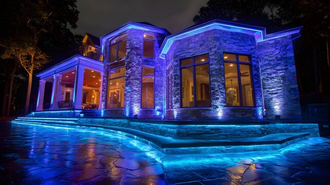 Exterior of a modern home at night with blue accent lighting.