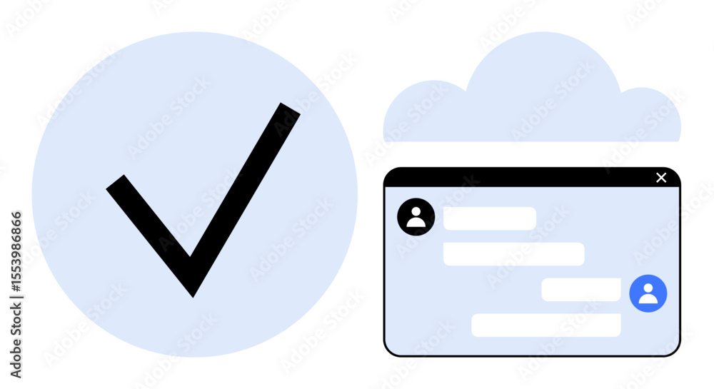 Poster checkmark inside circle, cloud icon, and chat window with user avatars and messages. ideal for commu