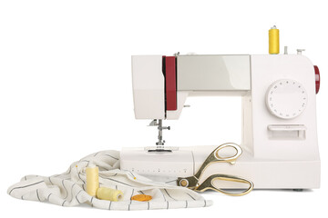 Sewing machine with cloth, thread spools and scissors on white background