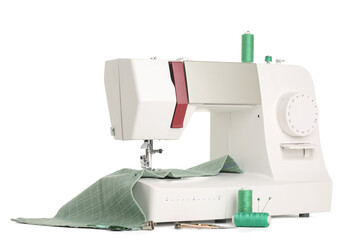 Sewing machine with cloth and thread spools on white background