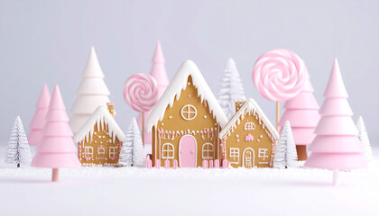 A whimsical 3D-rendered scene of pastel pink and white gingerbread houses nestled amongst miniature snow-covered trees and large pink swirl lollipops, set against a soft gray background